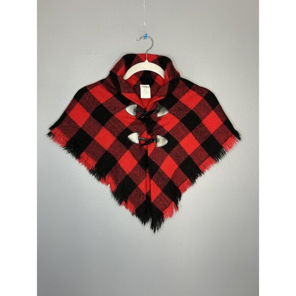 Buffalo Plaid Shawl Poncho Girls 4T Red Black Toggle Cape Christmas Cute Photo - Picture 9 of 9